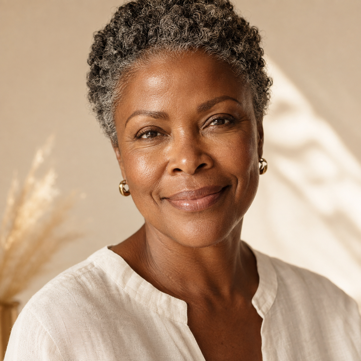 Mature Black woman with natural curls and a warm smile