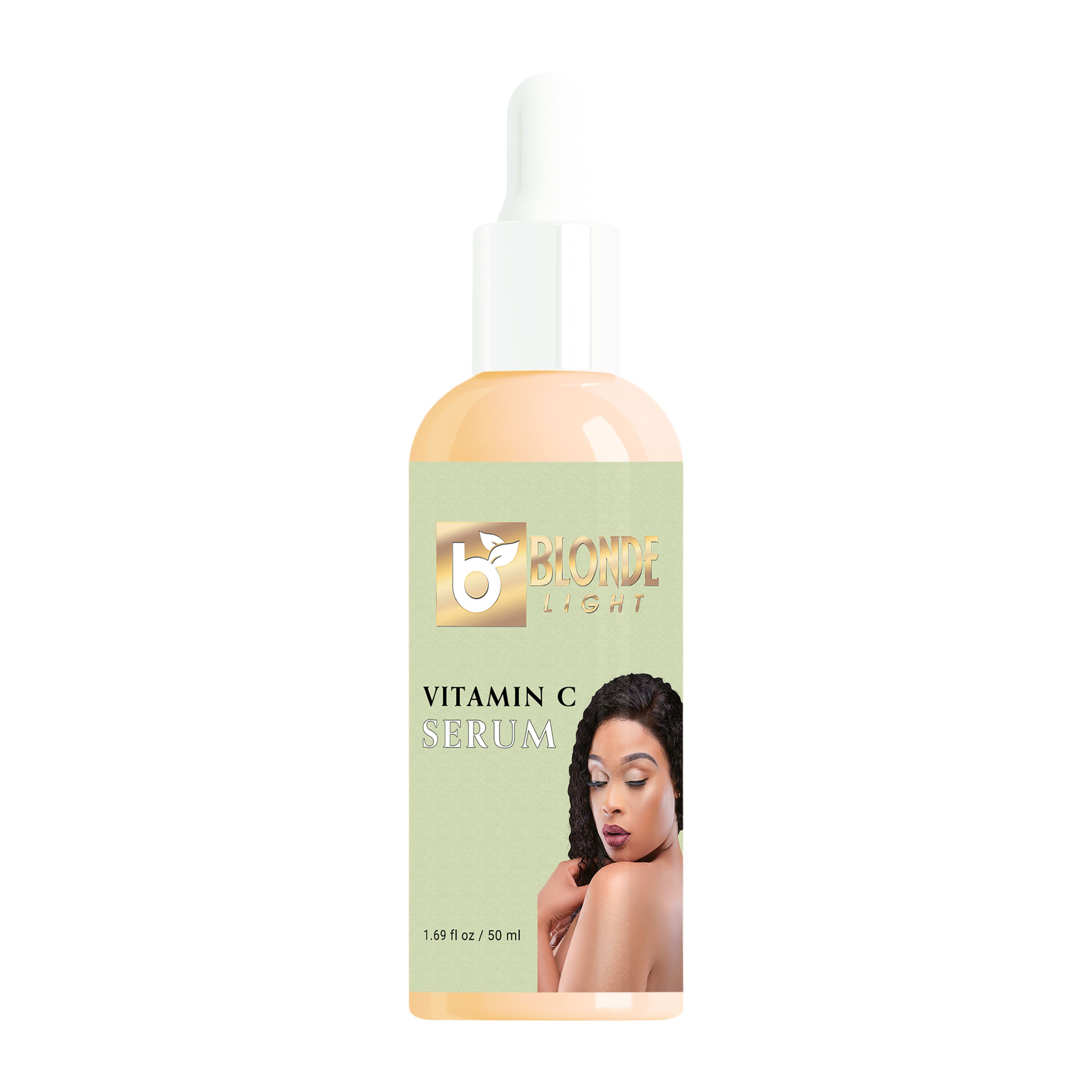 Vitamin C serum bottle with a model demonstrating glowing skin.