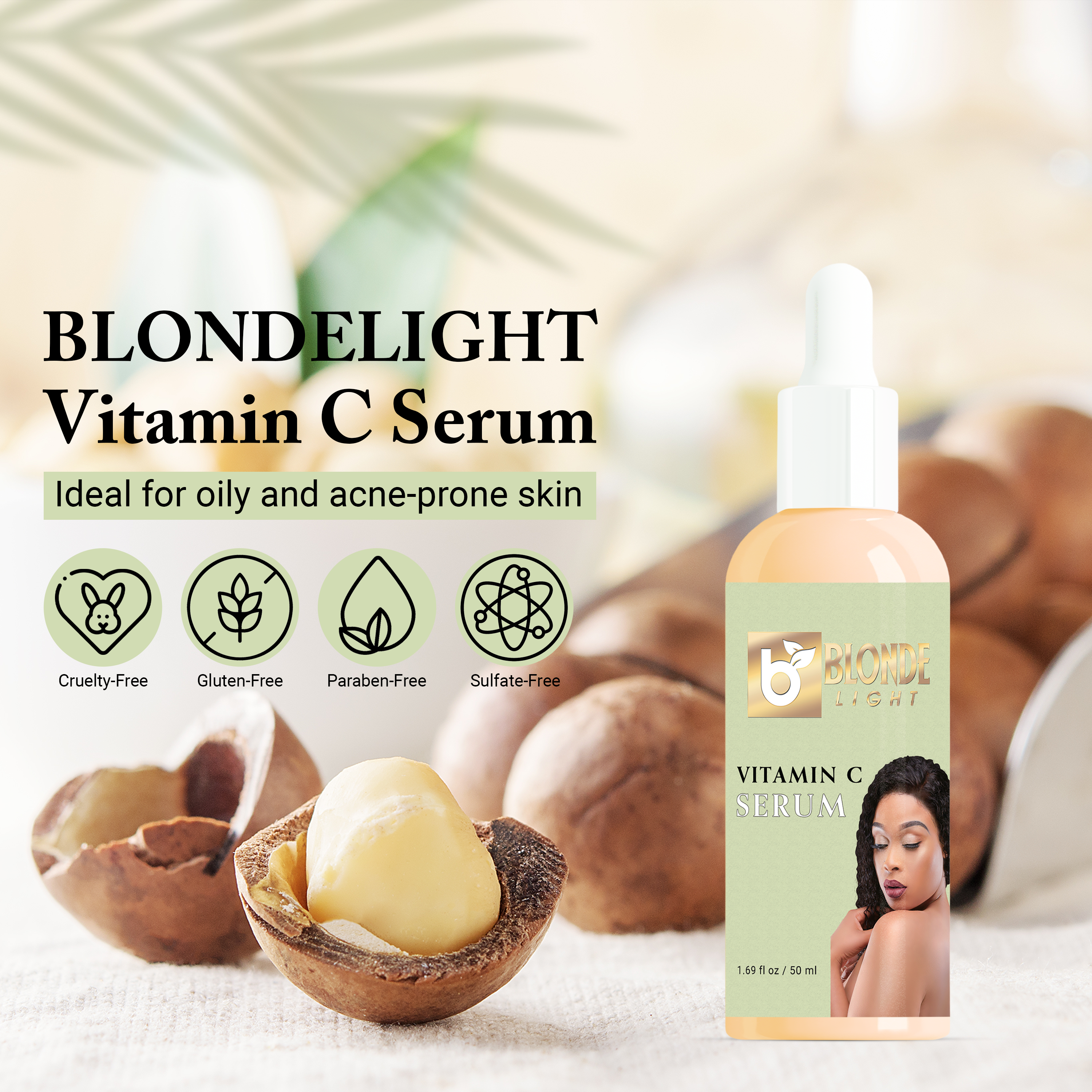 BLONDELIGHT Vitamin C Serum bottle for oily and acne-prone skin with artisanal nut background.
