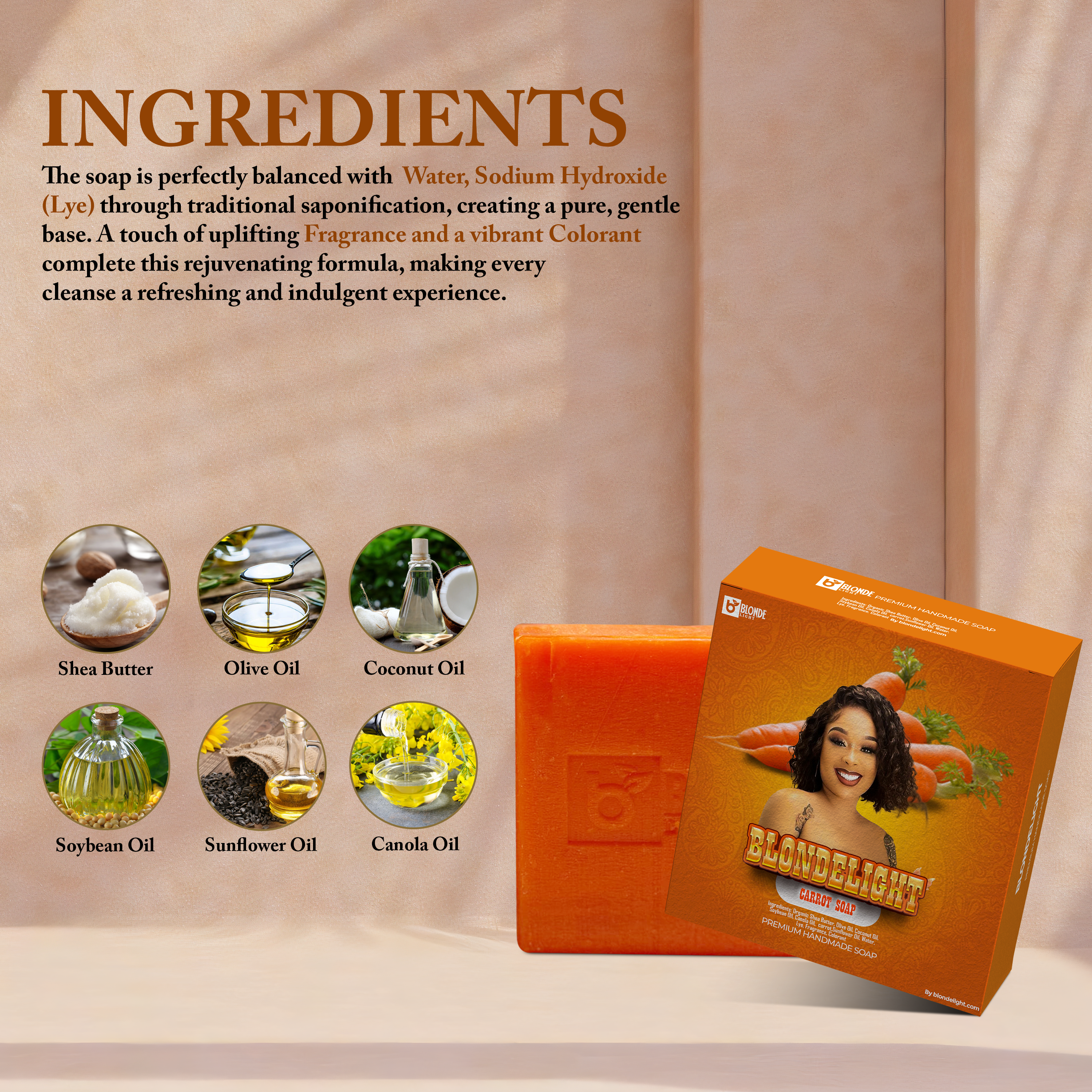 Small Carrot set featuring Blondelight soap with ingredients like shea butter and coconut oil for a refreshing skincare experience.