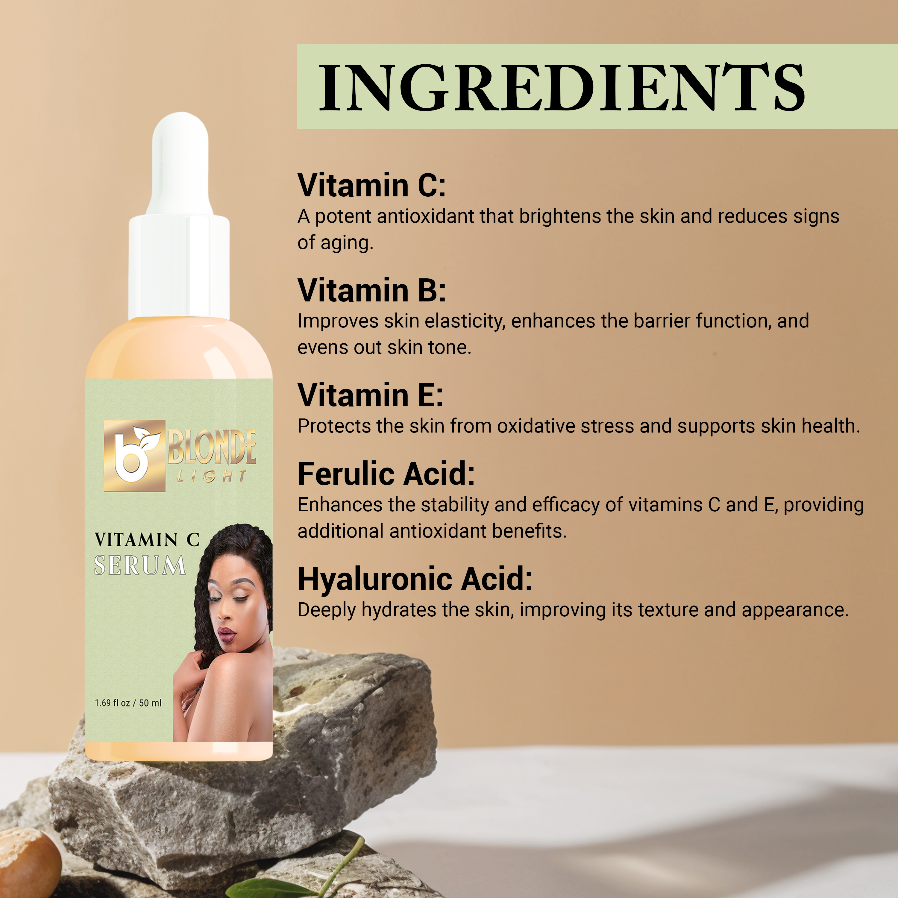 Vitamin C serum ingredients highlighting Vitamin C for skincare benefits and antioxidant properties.