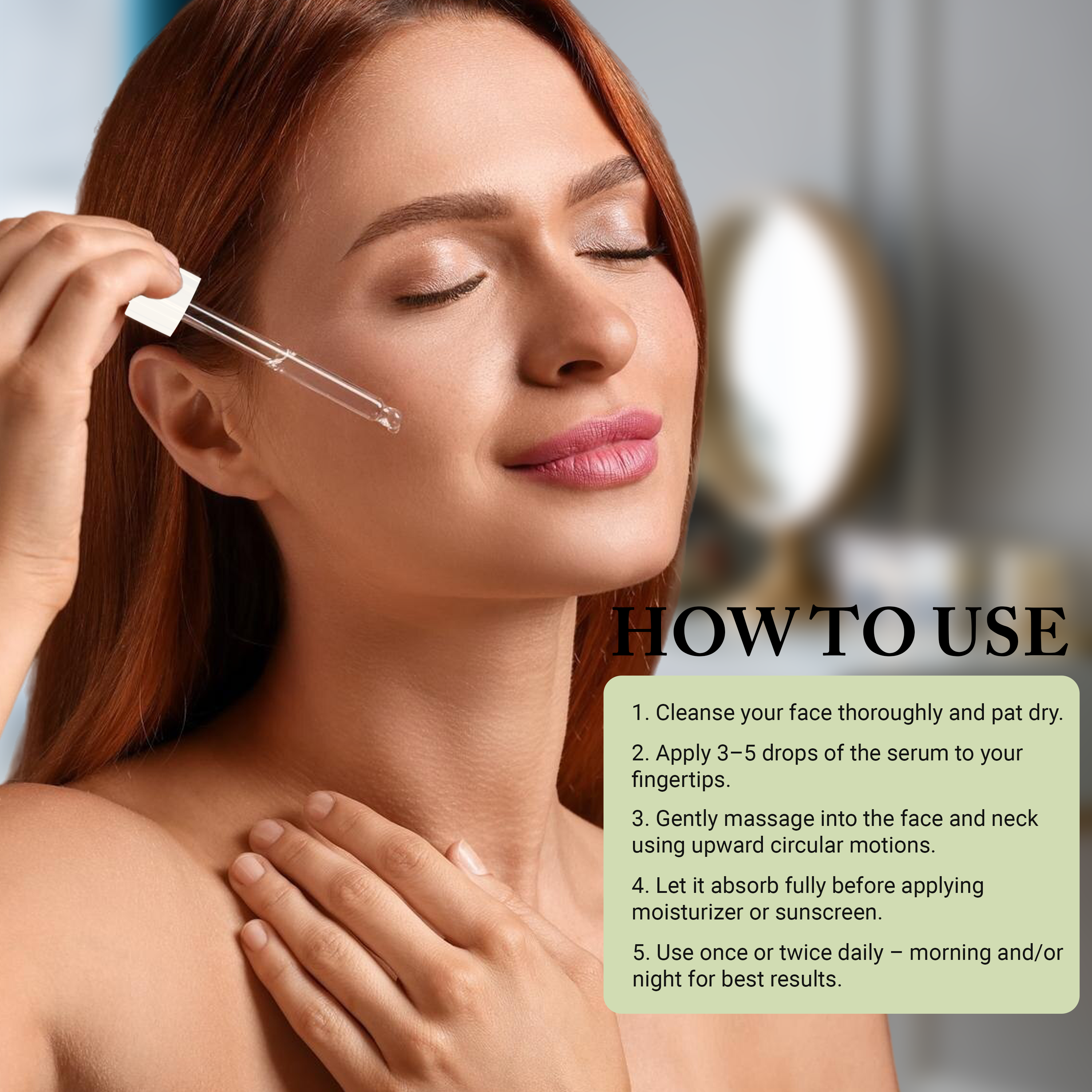 Woman applying Vitamin C serum with dropper on her face for skincare regimen steps.