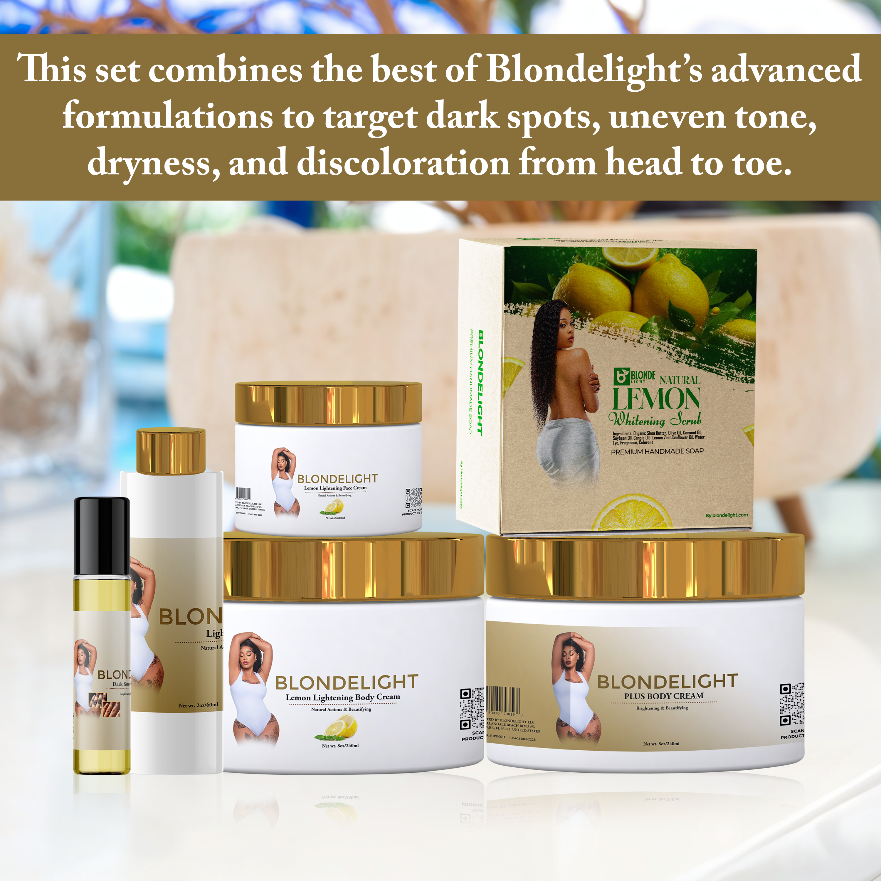 Supreme Set featuring Blondelight skincare products that target dark spots and uneven tone for radiant skin.