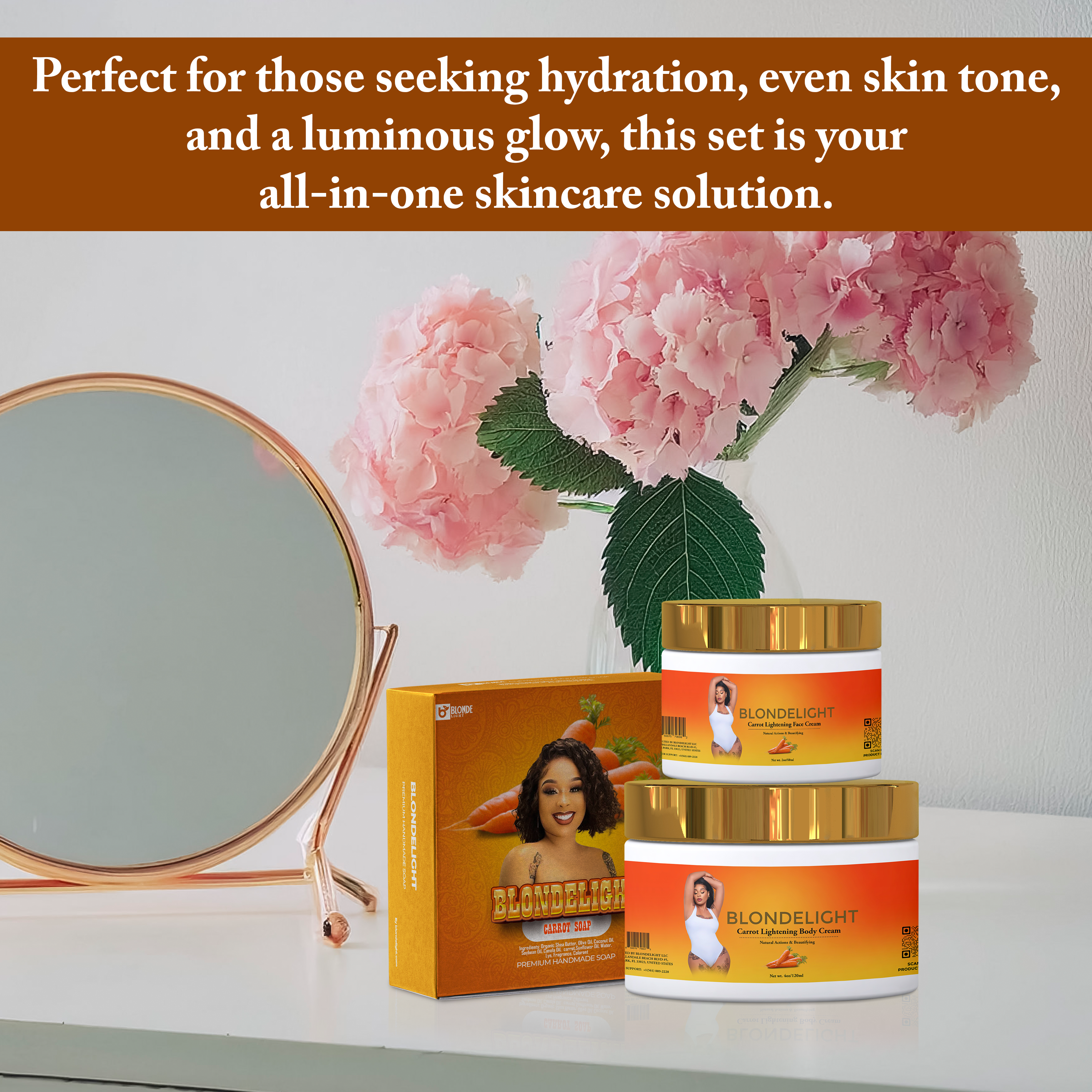 Small Carrot set displayed on a vanity with skincare products and flowers, promoting hydration and a glowing complexion.