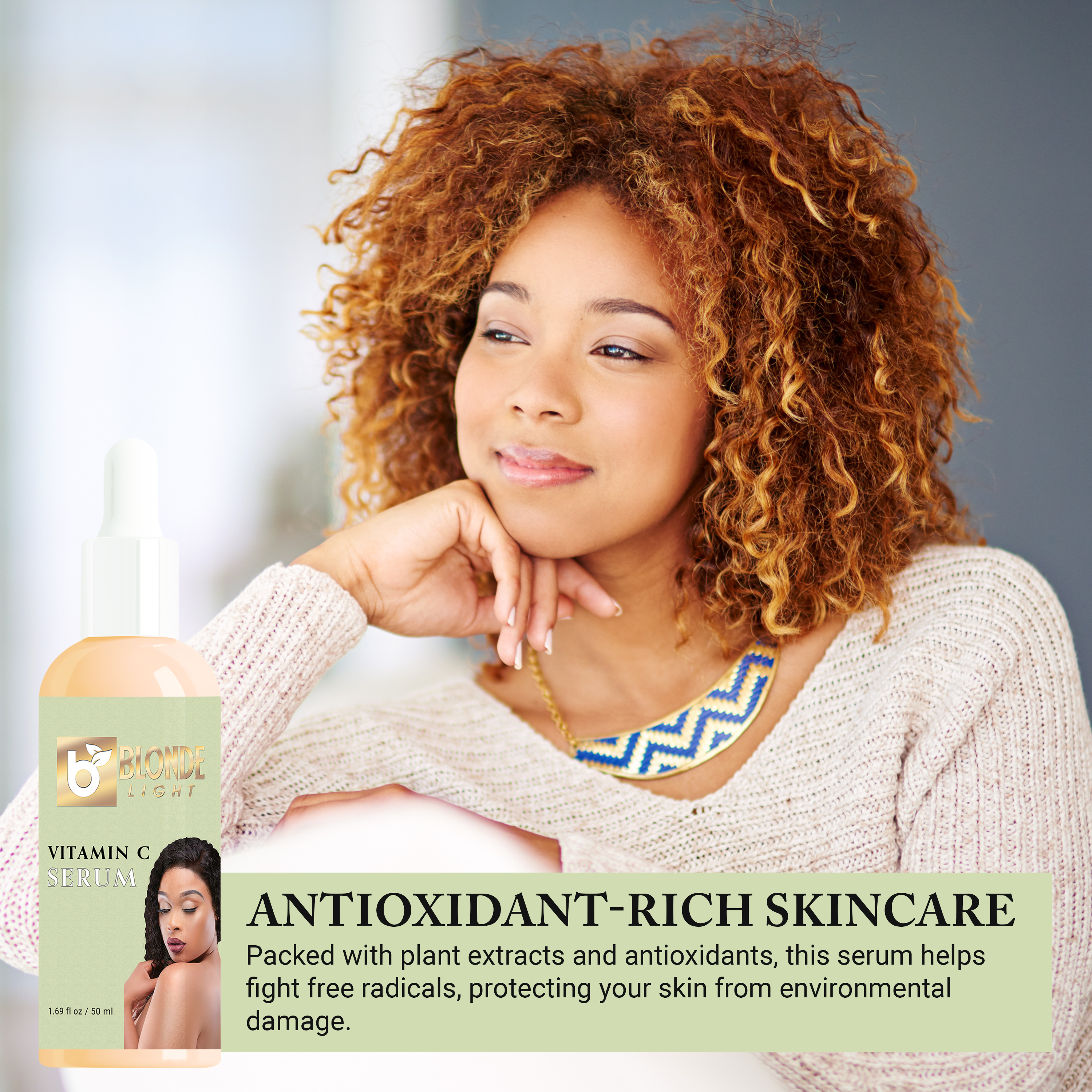 Woman enjoying skincare benefits with Vitamin C serum, promoting antioxidant-rich skincare and protecting skin from damage.