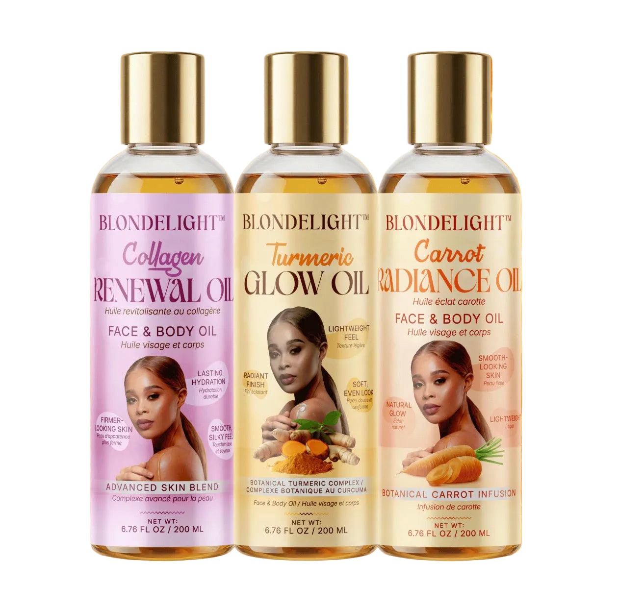 BLONDELIGHT 3-Piece Face & Body Oil Set, Daily Hydrating Body Care with Turmeric, Carrot & Collagen, Lightweight Formula, 6.76 fl oz Each, Moisturize, Blend Body Oils
