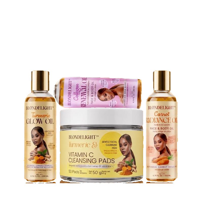BLONDELIGHT Golden Glow 4-Piece Skincare Set - Body Care & Face Kit with Turmeric Root Extract, Collagen, Vitamin C, Lightweight Moisturizer Oils, Cleansing Pads, Carrot Root Extract, Daily Care, Radiant, Hydrating, Fragranced, All Skin Types on white