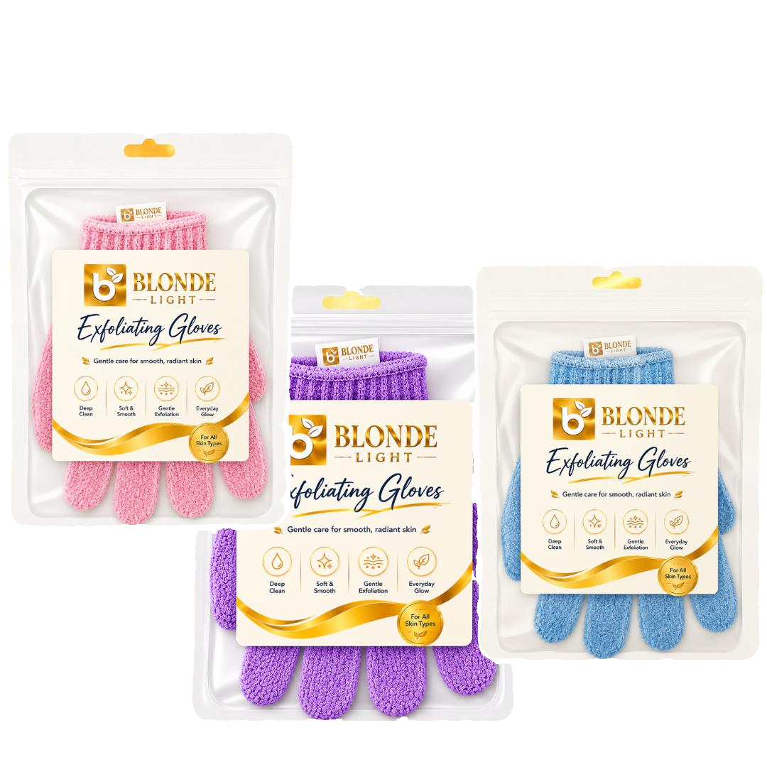 Blondelight Exfoliating Bath Gloves 3-Pack - Colorful Pink, Purple & Blue Reusable Body Scrubbers for Personal Cleaning, Household Bathing Accessories on white