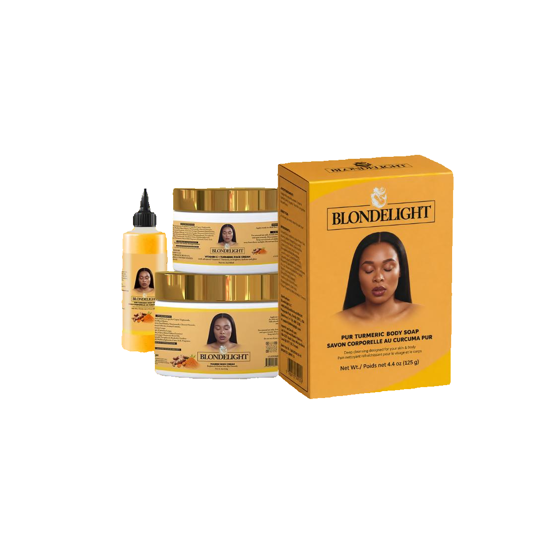 BLONDELIGHT Limited Edition Unisex Turmeric Daily Care 4-Piece Kit, Cleansing & Moisturizing Set for Dry Skin - Includes Face Cream, Body Cream, Body Oil, Hydrates Skin, Body Care, Adults on white