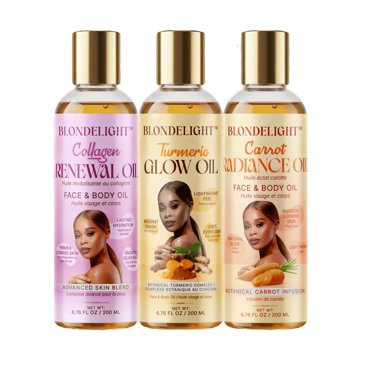 BLONDELIGHT LLC 3-Piece Face & Body Oil Set - Hydrolyzed Collagen, Turmeric, Carrot Infused Scented Brighten Glow Oils, Lightweight Daily Hydrating Bottle Set, 6.76 fl oz Each on white