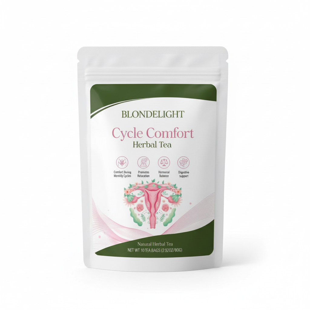 Close-up of BLONDELIGHT Women’s Cycle Comfort Herbal Tea on a white background