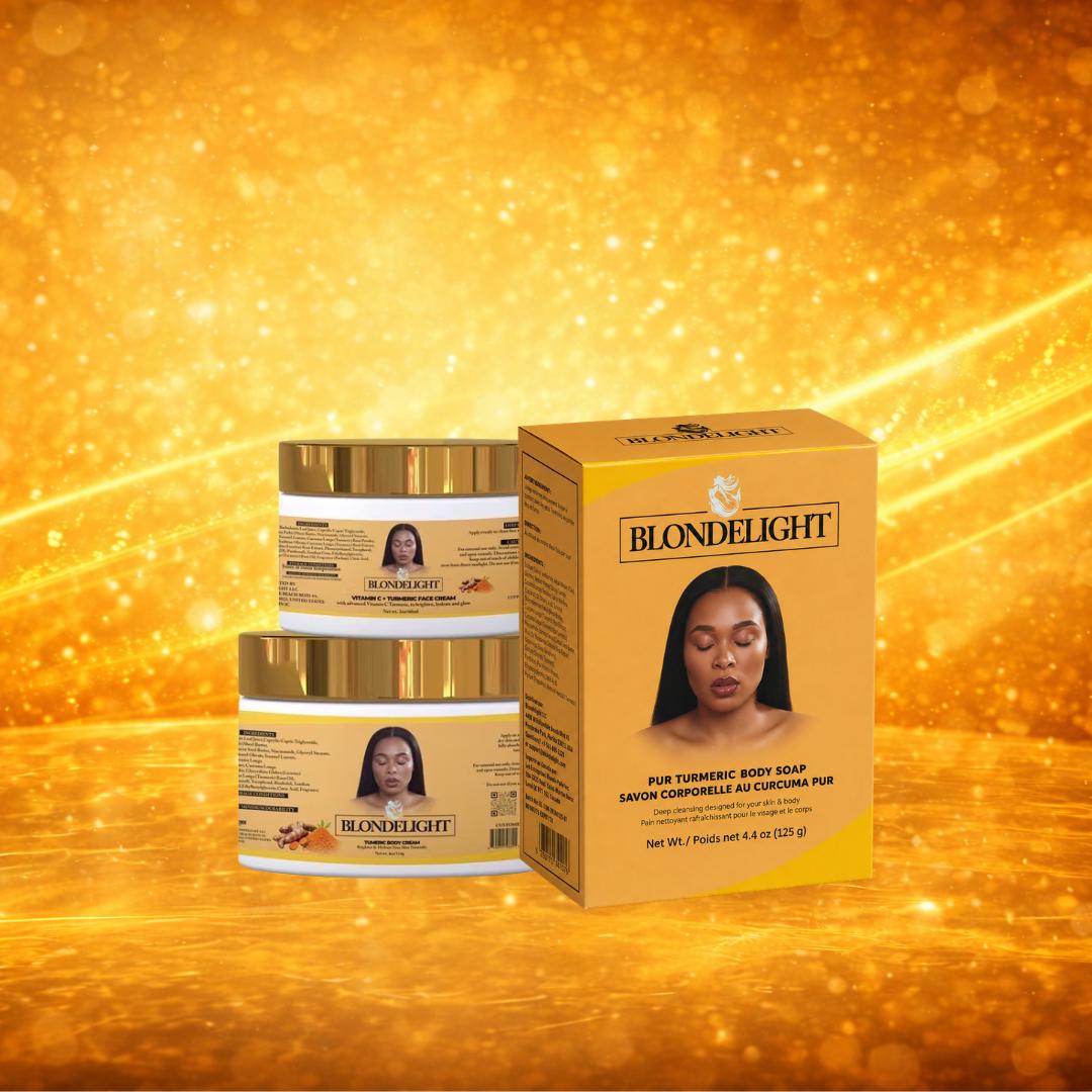 Blondelight Turmeric Rich Daily Care 3-Piece Adult Skin Care Kit - Glycerin-Infused Cleanser, Moisturizer, Cream for Cleansing, Moisturizing, Hydrating Combo Skin Needs