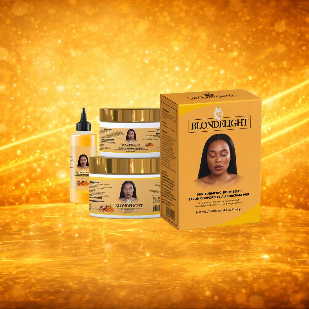 BLONDELIGHT Limited Edition Unisex Turmeric Daily Care 4-Piece Kit, Cleansing & Moisturizing Set for Dry Skin - Includes Face Cream, Body Cream, Body Oil, Hydrates Skin, Body Care, Adults
