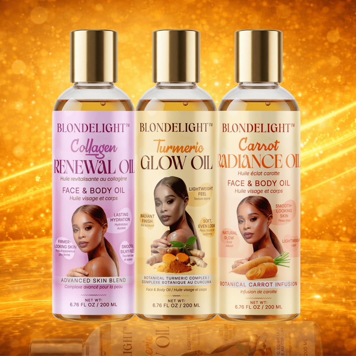 BLONDELIGHT LLC 3-Piece Face & Body Oil Set - Hydrolyzed Collagen, Turmeric, Carrot Infused Scented Brighten Glow Oils, Lightweight Daily Hydrating Bottle Set, 6.76 fl oz Each