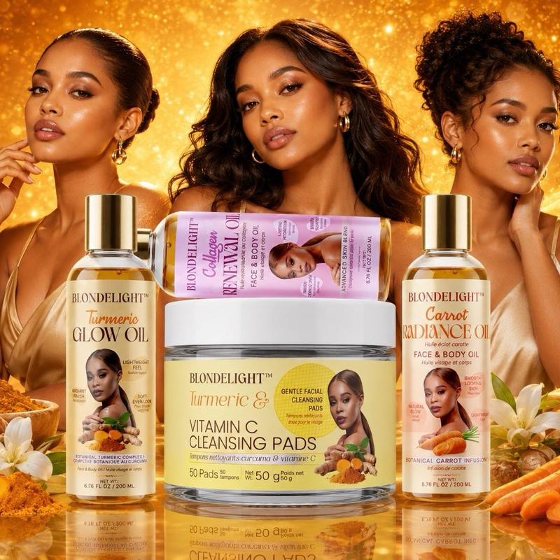 BLONDELIGHT Golden Glow 4-Piece Skincare Set - Body Care & Face Kit with Turmeric Root Extract, Collagen, Vitamin C, Lightweight Moisturizer Oils, Cleansing Pads, Carrot Root Extract, Daily Care, Radiant, Hydrating, Fragranced, All Skin Types